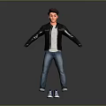 Men's Casual Outfit Featuring Black Leather Jacket White T-shirt Blue Jeans And Blue Sneakers