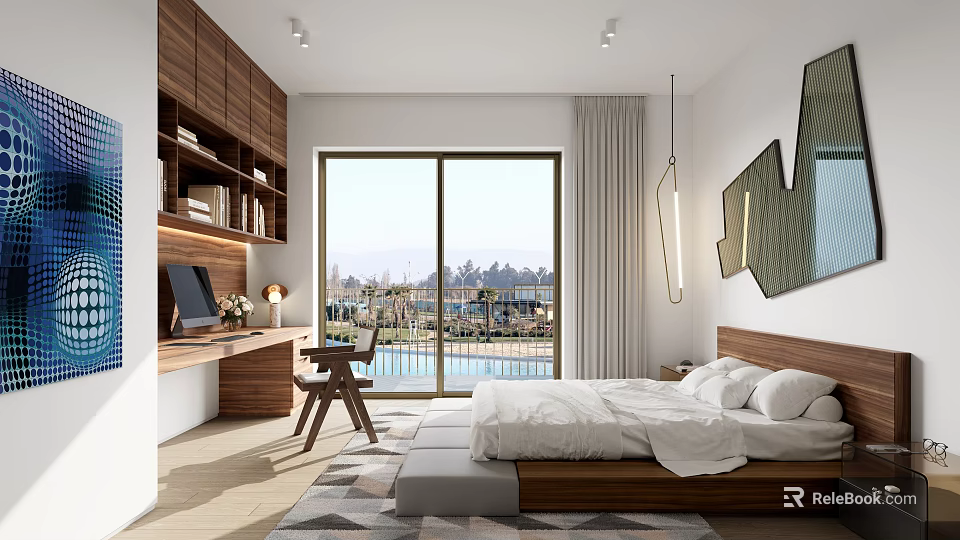Modern Bedroom Interior Design With Wooden Desk Floor to Ceiling Windows and Geometric Rug 3d model 