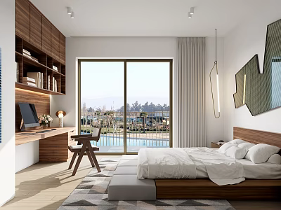 Modern Bedroom Interior Design With Wooden Desk Floor to Ceiling Windows and Geometric Rug 3d model