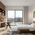 Modern Bedroom Interior Design With Wooden Desk Floor to Ceiling Windows and Geometric Rug