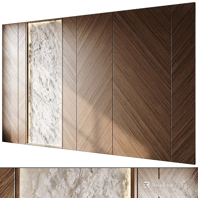 Wooden Wall Design With Chevron Pattern And Marble Accent In Contemporary Interior Style 3d model 