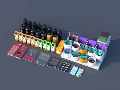 Organized Retail Display Shelf With Various Bottles Boxes Cups And Brochures 3d model