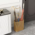 White Modern Kitchen Cabinets With Gold Storage Rack And Dark Door Design