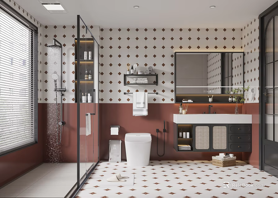 Red and White Rhombus Patterned Bathroom with Glass Shower White Toilet Black Vanity and Mirror 3d model 