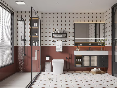 Red and White Rhombus Patterned Bathroom with Glass Shower White Toilet Black Vanity and Mirror 3d model