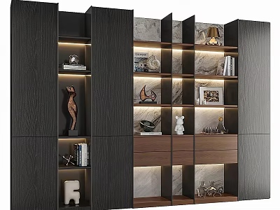 Modern Black Display Cabinet With Wooden Frame Layered Shelves And Decorative Items 3d model