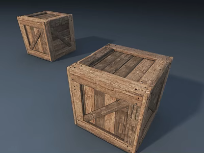 Two Wooden Crates With Natural Wood Grain And Reinforced Strips On Gray Background 3d model