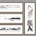 Chinese Ink Landscape Paintings With Mountains Water Birds Boat Waterfall And Pine Trees