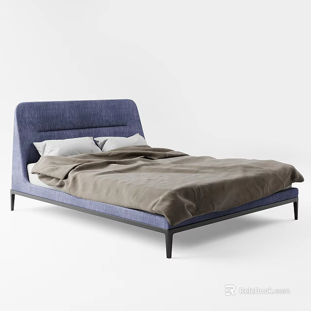 Modern Double Bed With Blue Upholstered Headboard Gray Bedspread And Metal Frame 3d model