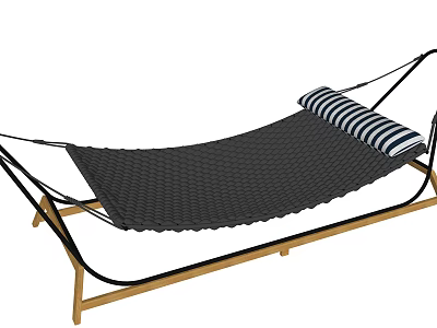 Comfortable Black Hammock With Quilted Surface And Striped Pillow On Wooden Stand 3d model