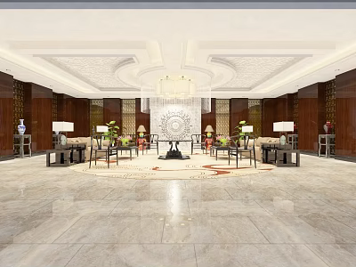 Luxurious Clubhouse Lobby Interior With Ornate Ceiling Chandelier Marble Floor And Decorative Plants 3d model
