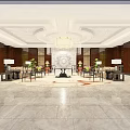 Luxurious Clubhouse Lobby Interior With Ornate Ceiling Chandelier Marble Floor And Decorative Plants