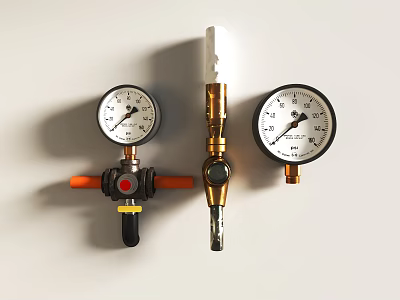 Two Pressure Gauges With Brass Valve And Orange Fittings On White Background 3d model