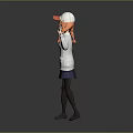 Orange Haired Girl With White Hat And Puppy Making Peace Signs In Blue Skirt