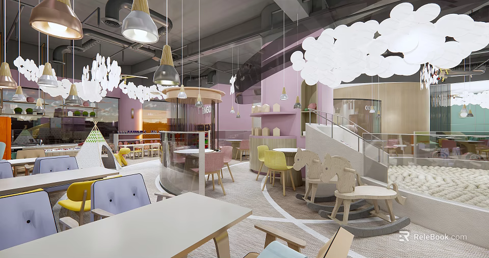 Bright Modern Restaurant Interior With Colorful Seating Cloud Shaped Decor And Hanging Lights 3d model 