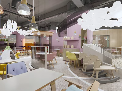 Bright Modern Restaurant Interior With Colorful Seating Cloud Shaped Decor And Hanging Lights 3d model