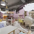 Bright Modern Restaurant Interior With Colorful Seating Cloud Shaped Decor And Hanging Lights