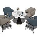 Round Marble Top Table Chair Set With Light Blue Beige Chairs Black Legs Vase Flowers
