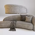 Gray Curved Sectional Sofa With Decorative Pillows And Plaid Throw Blanket 3d model