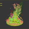 Red Character And White Haired Figure With Plants Butterflies And Umbrella Like Structure