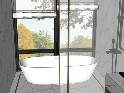 White Freestanding Bathtub by Large Window with Green Tree View and Marble Walls 3d model