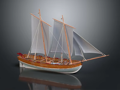 Detailed Wooden Sailboat Model With White Sails And Brown Hull 3d model