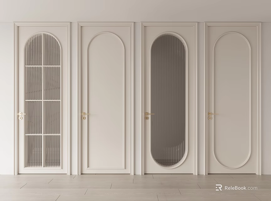 Light Colored Interior Hinged Doors With Various Designs And Golden Handles 3d model 
