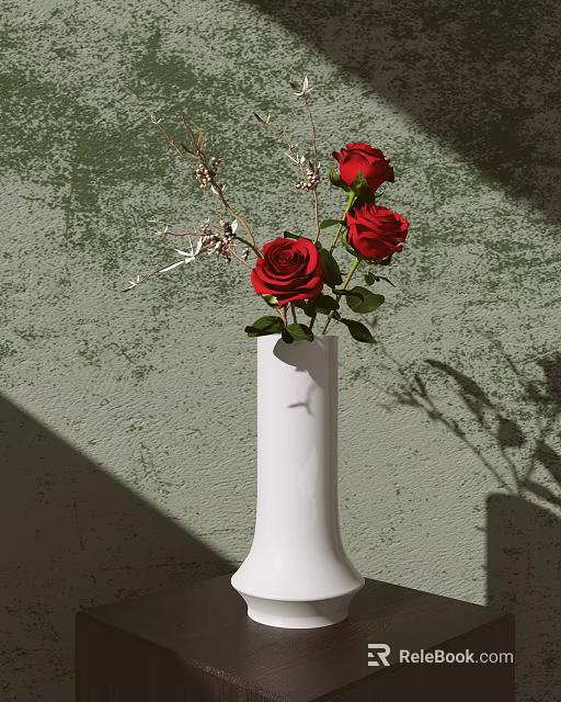 Decorative Ornament Set With White Vase Red Roses And Decorative Branches Against Green Textured Wall 3d model 