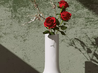 Decorative Ornament Set With White Vase Red Roses And Decorative Branches Against Green Textured Wall 3d model