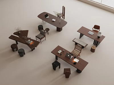 Modern Wooden Desks With Chairs Stools Laptop Lamp And Decorative Items 3d model