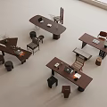 Modern Wooden Desks With Chairs Stools Laptop Lamp And Decorative Items