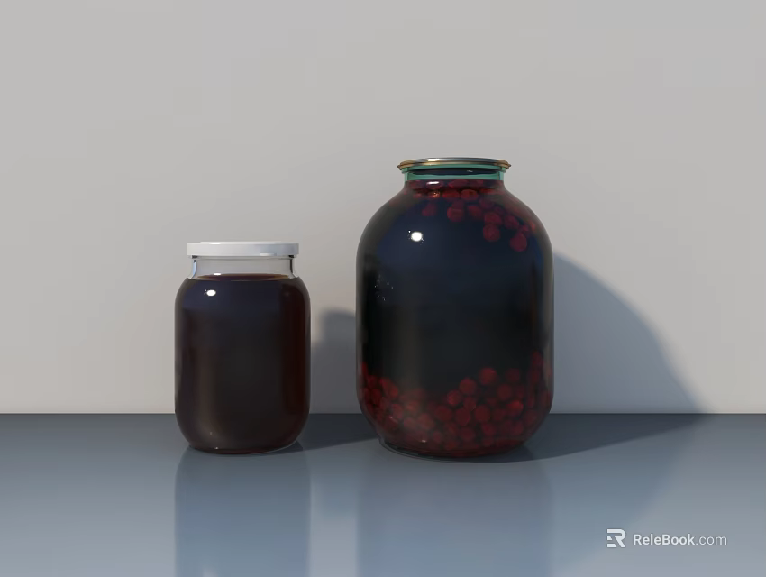 Ceramic Storage Jars With Two Sizes Containing Red Berries And Dark Liquid 3d model 