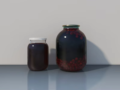 Ceramic Storage Jars With Two Sizes Containing Red Berries And Dark Liquid 3d model