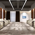 Hotel Public Lounge Featuring Beige Sofas Symmetrical Layout Landscape Painting Carved Partitions And Ceiling Lights