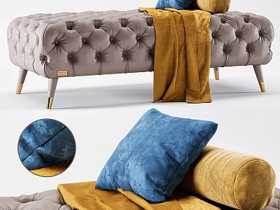 Tufted Gray Sofa Bench With Gold Legs Yellow Blanket And Blue Cushion 3d model