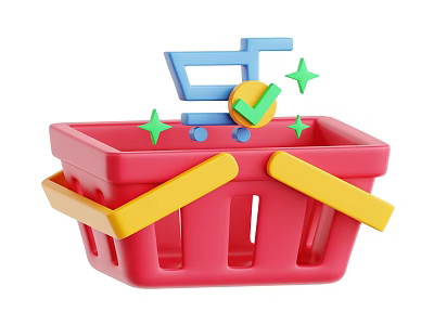 Red Shopping Basket With Yellow Handles Blue Cart Icon Green Stars And Checkmark 3d model