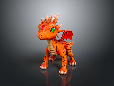 Orange Dragon Character Creature With Green Eyes Spikes And Red Wings Standing 3d model