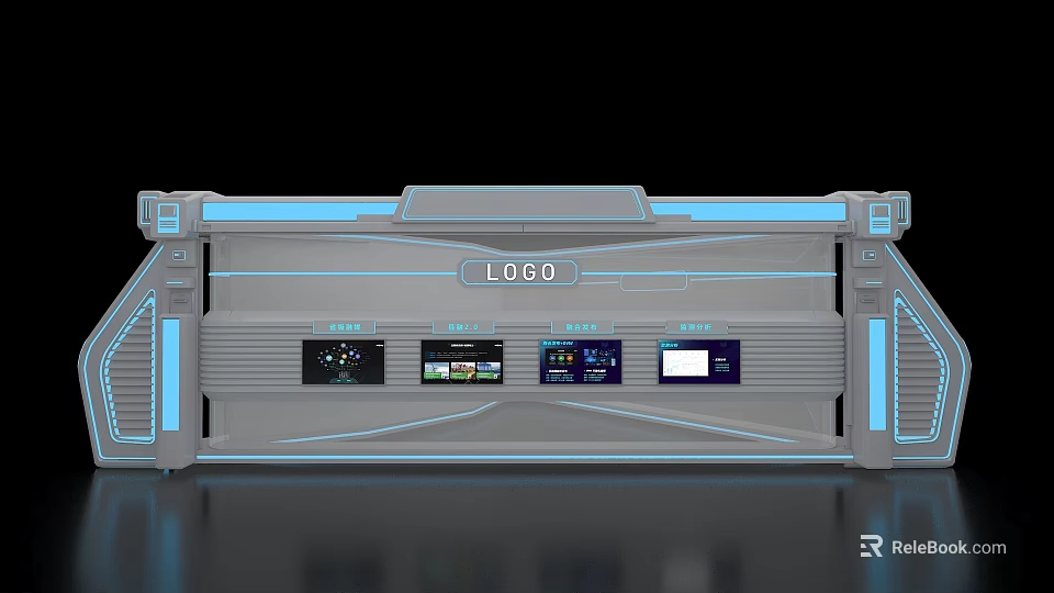 Futuristic Island Cabinet Featuring Logo Multiple Screens And Blue LED Strips 3d model 