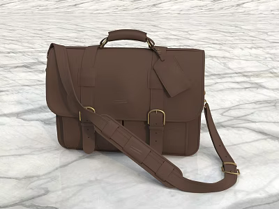 Brown Leather Briefcase with Adjustable Shoulder Strap Attached Tag and Metal Buckles on Marble Surface 3d model