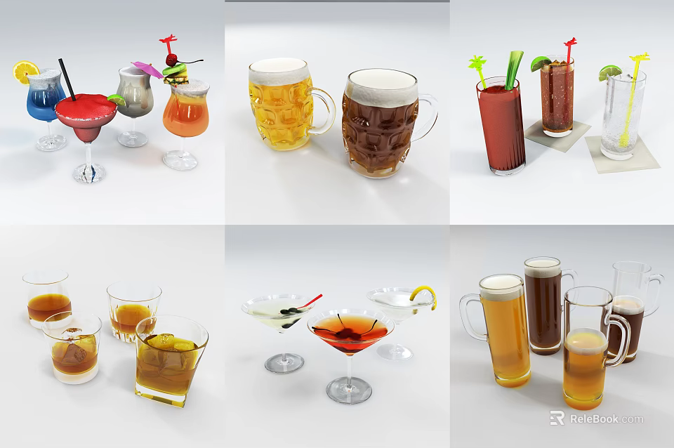 Variety of Wine Bottles and Drinking Glasses With Citrus Garnishes and Cocktail Sticks 3d model 