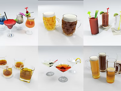 Variety of Wine Bottles and Drinking Glasses With Citrus Garnishes and Cocktail Sticks 3d model