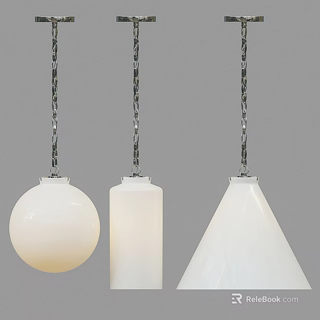 Three White Table Lamps In Different Shapes Hanging With Metal Chains 3d model