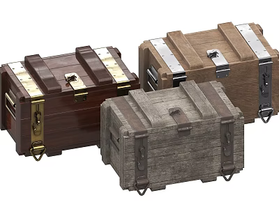 Assorted Wooden Weapon Chests In Brown Gray Tones With Metal Fittings 3d model