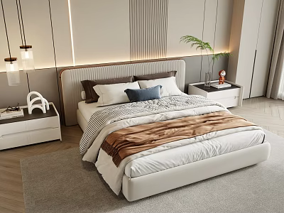 Modern Bedroom Interior With Upholstered Bed LED Strip Headboard White Bedding And Green Potted Plant 3d model