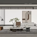Modern Living Room Interior With White Sofa Brown Ottoman Coffee Tables And Abstract Painting