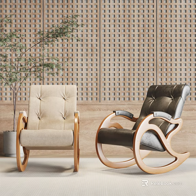 Beige Upholstered and Dark Leather Rocking Leisure Chairs by Wooden Perforated Wall with Potted Plant 3d model 