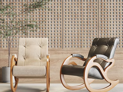 Beige Upholstered and Dark Leather Rocking Leisure Chairs by Wooden Perforated Wall with Potted Plant 3d model