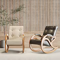 Beige Upholstered and Dark Leather Rocking Leisure Chairs by Wooden Perforated Wall with Potted Plant