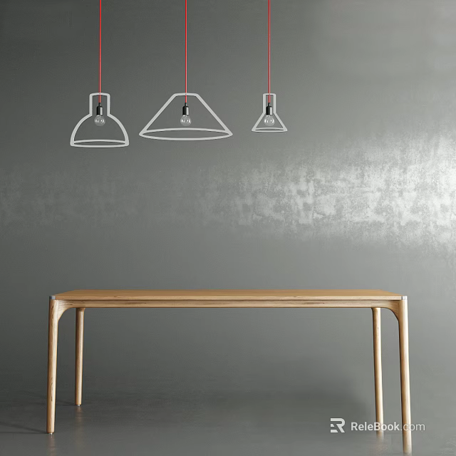 Wooden Dining Table With Three Pendant Lights Against Gray Wall 3d model
