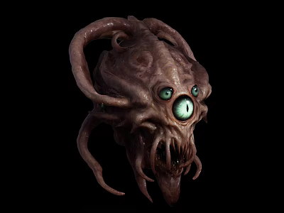 Game Movie Character Grotesque Monster Head With Green Eyes And Tentacles 3d model